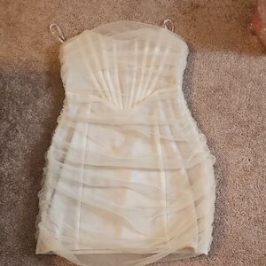 White Fox Strapless Sheer Overlay Cocktail Dress in Cream